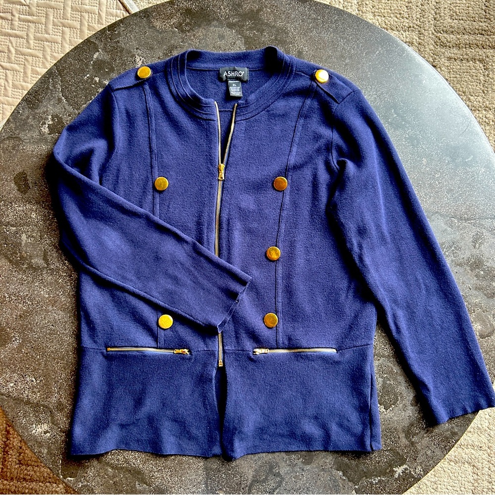 Ashro Navy Sweater Jacket with Gold Accents - Size XL